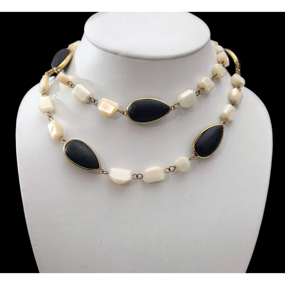 Vintage‎ Necklace MCM Stones Beaded Black White Gold Tone Chain Gemstones Long